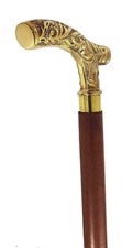 Vintage Brass Victorian Golden Derby Head Handle Wooden Walking Stick Cane