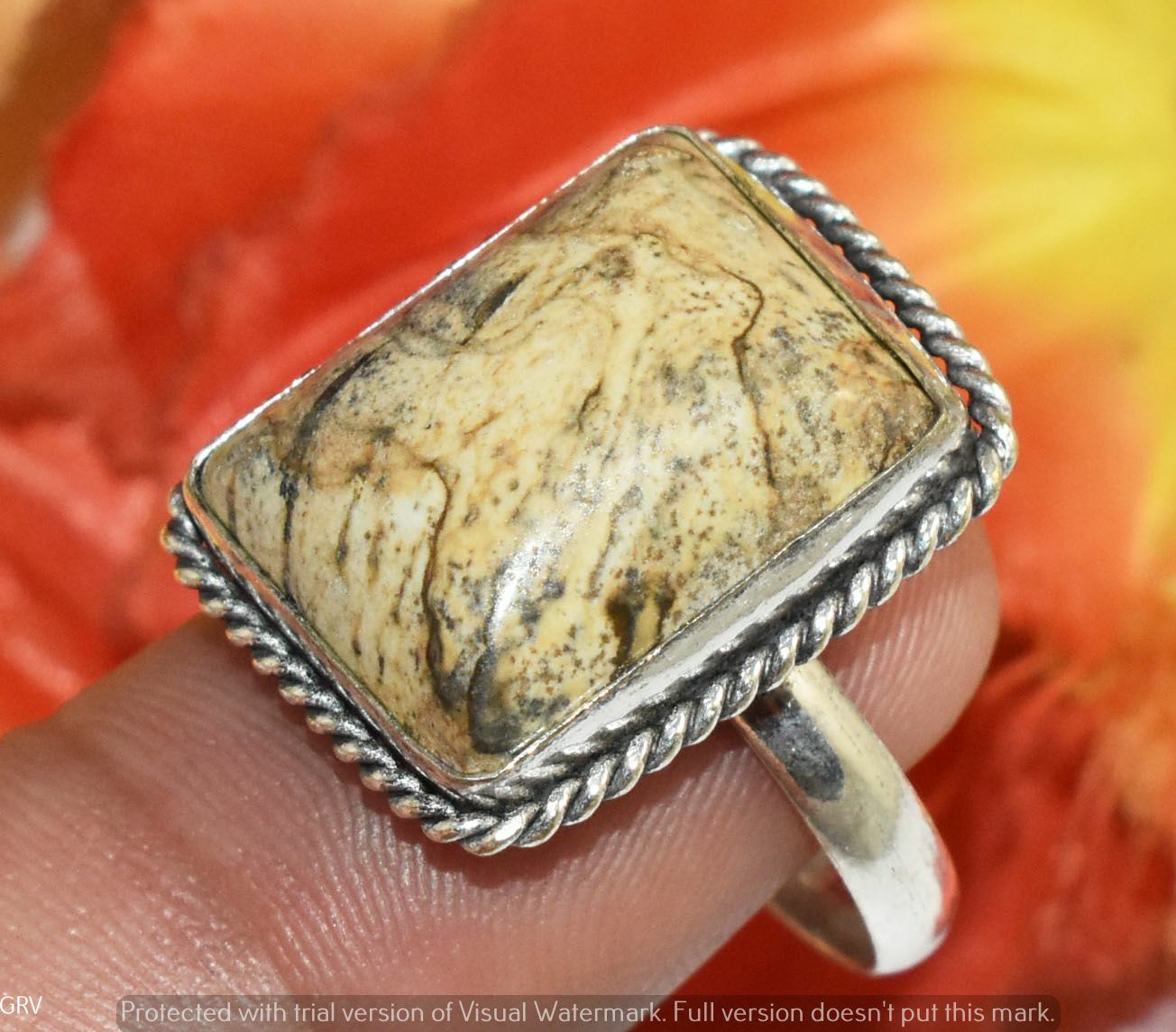 Bild Jaspis Edelstein Ring 925 Sterling Silber vergoldet US Größe 9" U342-G106