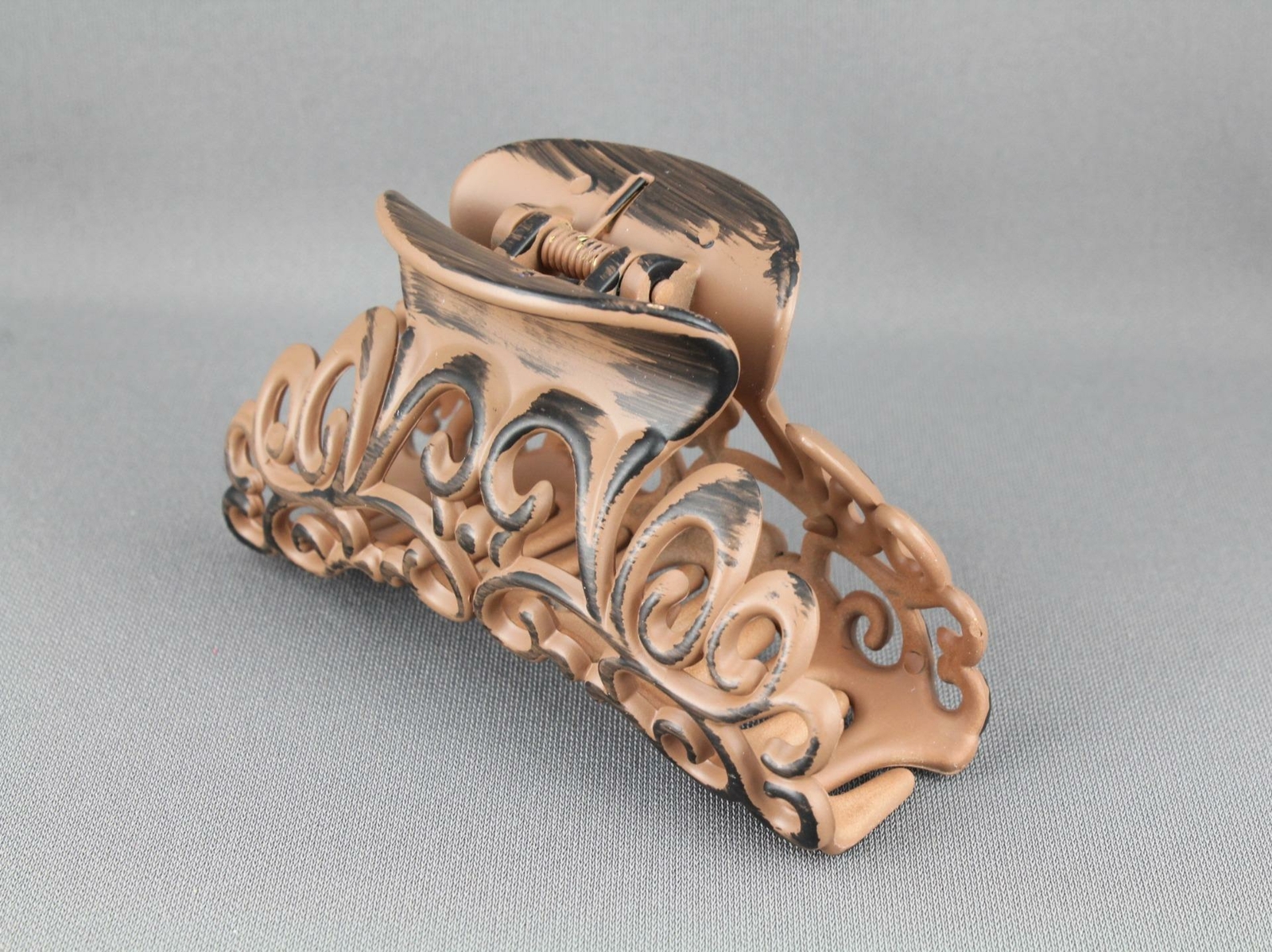 Brown hair clip 3 5/8" long big barrette claw jaw clamp scroll cut out WoodGrain