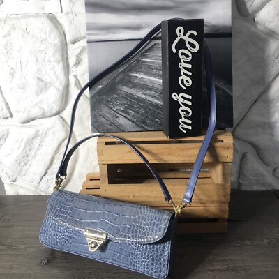ZYMO Ocean Blue Embossed Leather Lined Zip Satchel Handbag PreOwned EUC