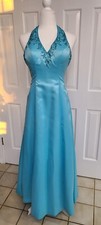Faviana Prom Formal Dress, teal, beaded, halter gown size 5/6