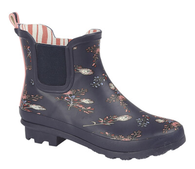 Ladies Floral Print Ankle Wellies Short Slip On Wellington Boots