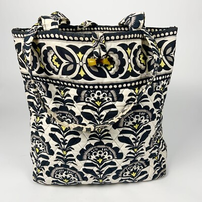 Vera Bradley Large Tote Shoulder Bag Quilted Black White Yellow Floral READ