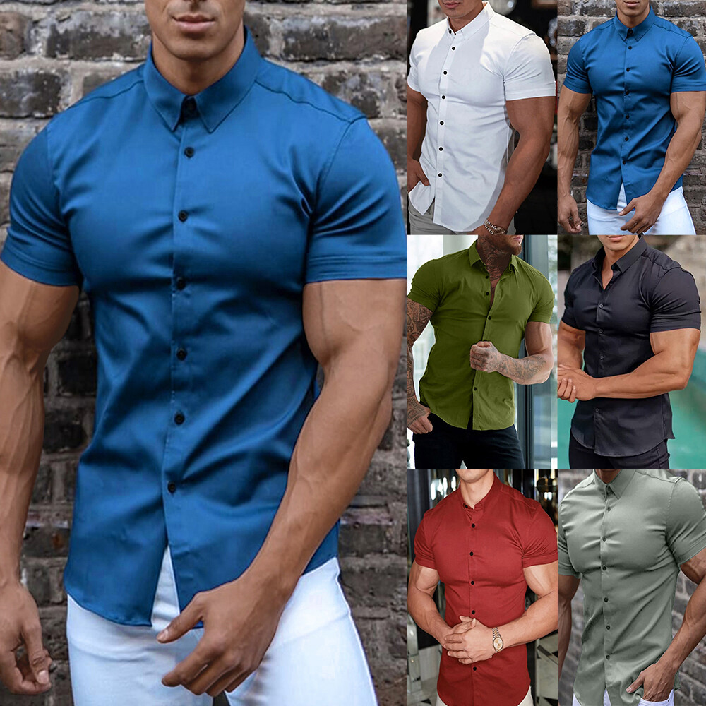 Men Button Down Shirt Casual Business Tops Short Sleeve Slim Fitness Muscle Tee-image