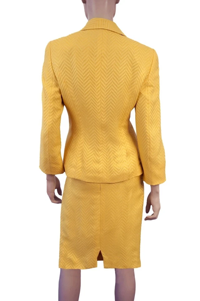 Jaqueta saia terno vintage RENA LANG amarela espinha de peixe mistura de seda tamanho 4 saia tamanho 2 - Imagem 3 de 4