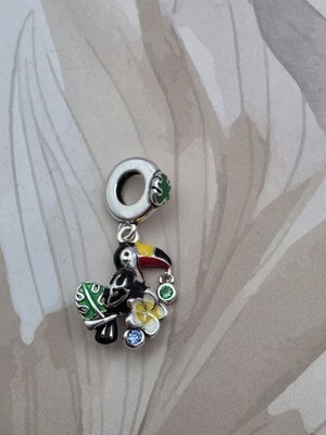 Charm Anhänger Tukan Mehrfarbig 925 Silber Emaille Blatt Palme
