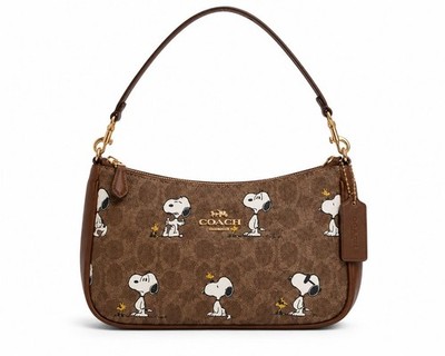 Coach x Peanuts Snoopy Print Brown Shoulder Bag signature canvas CBJ88