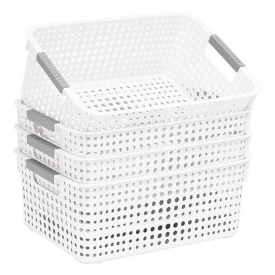 4 Pack Fully Hollow Plastic Organizer Basket with Handles, Multi-Purpose Orga...