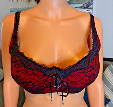 FREDERICK'S OF HOLLYWOOD 34DDD/F Red Nylon with Black Lace Overlay Bra 54557