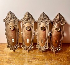Set of 4  Antique Yale ? Cast Brass Oval Largo Escutcheon Plates Filagree Scroll