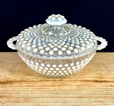 Vintage Fenton Hobnail Opalescent Moonstone Covered Candy Dish With Handles