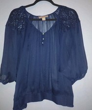 Nine West Vintage America Collection Womens Navy Lace Sheer Boho Top Shirt Sz S