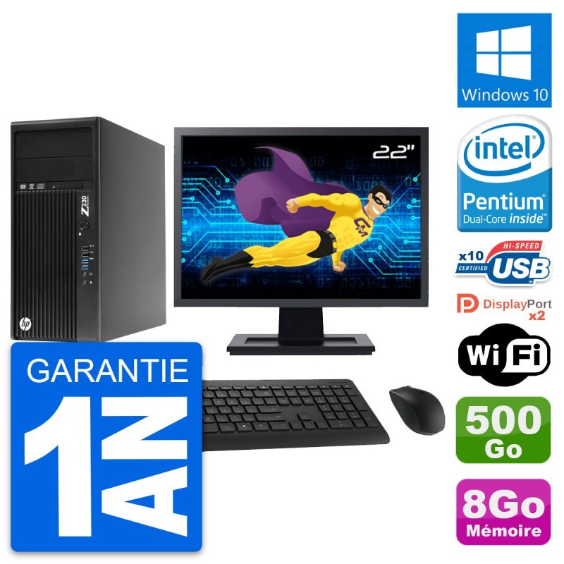 PC Tour HP Z230 Ecran 22" Intel G3220 RAM 8Go Disque Dur 500Go Windows 10 Wifi