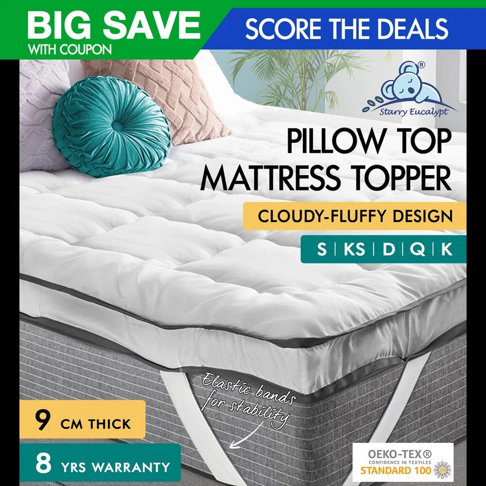 STARRY EUCALYPT Mattress Topper Pillowtop Luxury Bedding Mat Cover All Sizes 9cm