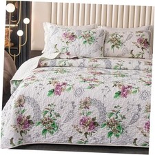 Floral Quilt Set Queen Size Purple  Green Quilts Full/Queen 90"x90" Flower-1