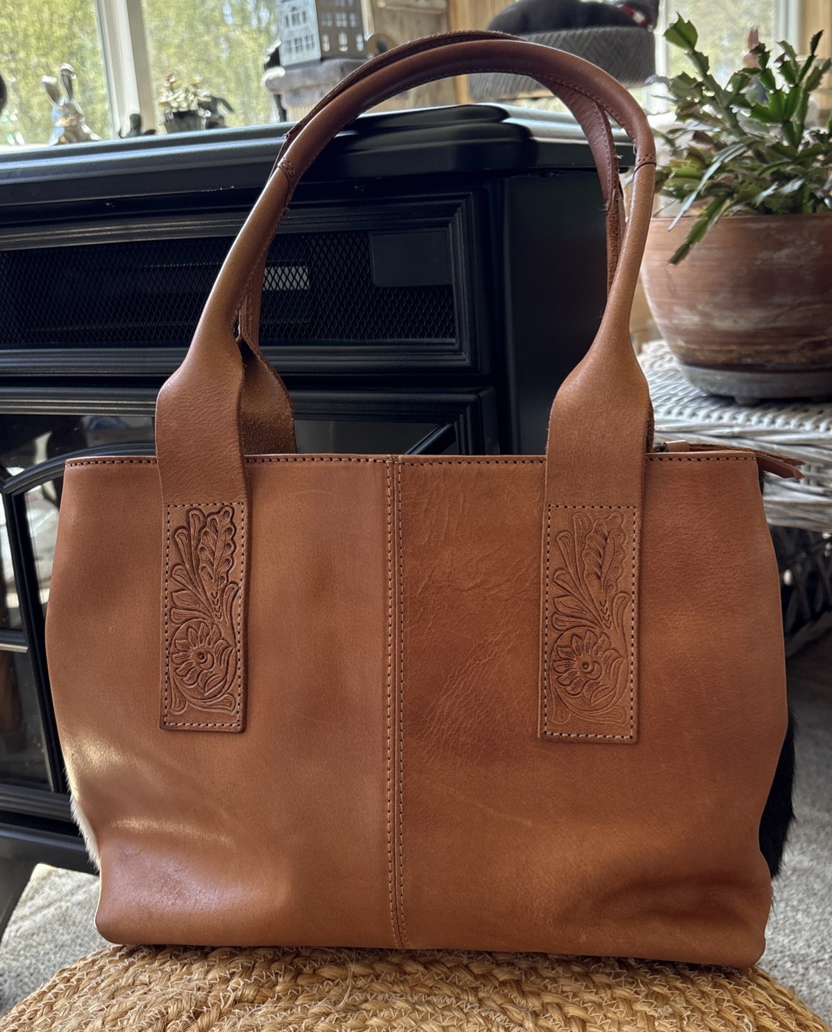 Beautiful STS Tan Leather Purse Brown,Black,White Fur Ranchwear Tote Bag Cowhide