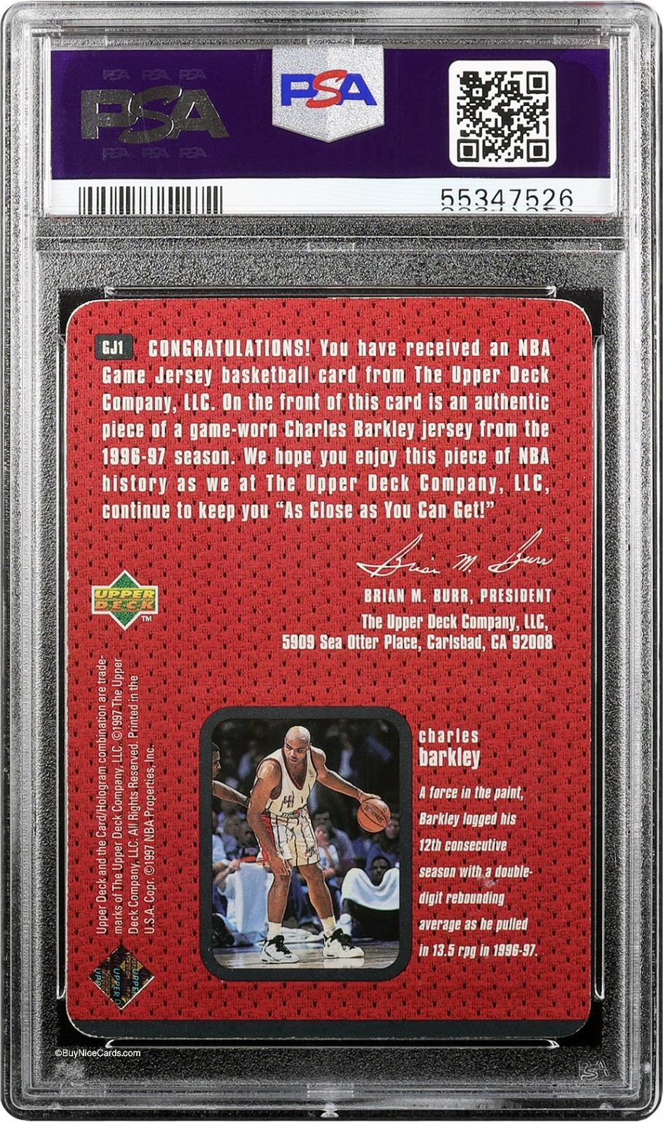 1997 Charles Barkley Upper Deck Game Jersey 2 Color Patch #GJ1 PSA 8 Pop 2 view 3