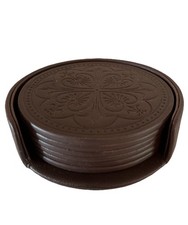 Coasters Set Of 6 with Holder Dark Brown Round PU Faux Leather