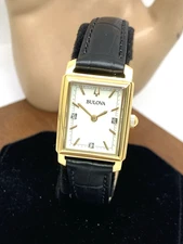 Bulova Women's Watch 97P166 Sutton Quartz Rectangle Tank Gold Black Leather Band