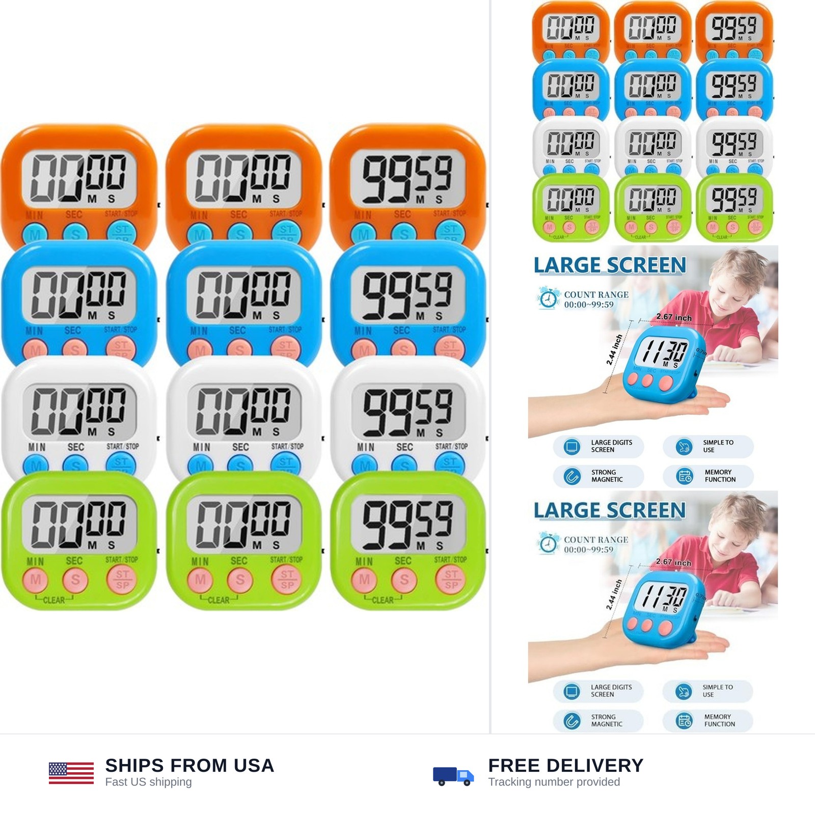 12 Pack Multi-Function Digital Timers, Magnetic Large LCD Display Loud Alarm ...