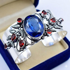 Blue Tanzanite Garnet Gemstone 925 Sterling Silver Jewelry Cuff Bracelet ADJ New