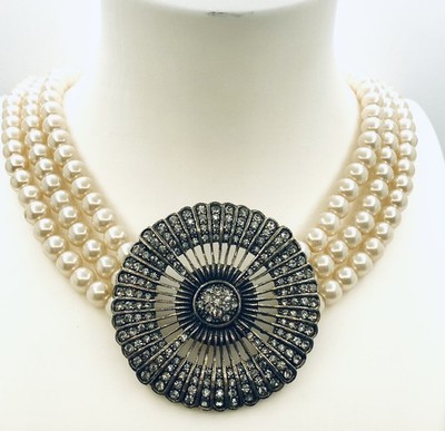 Heidi Daus Pave Crystals Belgium Disk 3 Strands Faux Pearls Necklace Choker E2