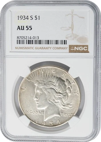 1934-S Peace Silver Dollar $ AU55 NGC 950326-3