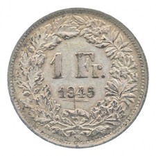 SILVER - Quarter-Sized - 1945 Switzerland 1 Franc - World Silver Coin *213
