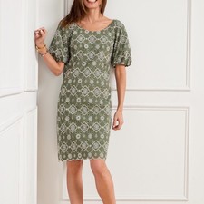 Talbots Petite Green Eyelet Scalloped Hem Dress Puff Sleeve Square Neck 12P
