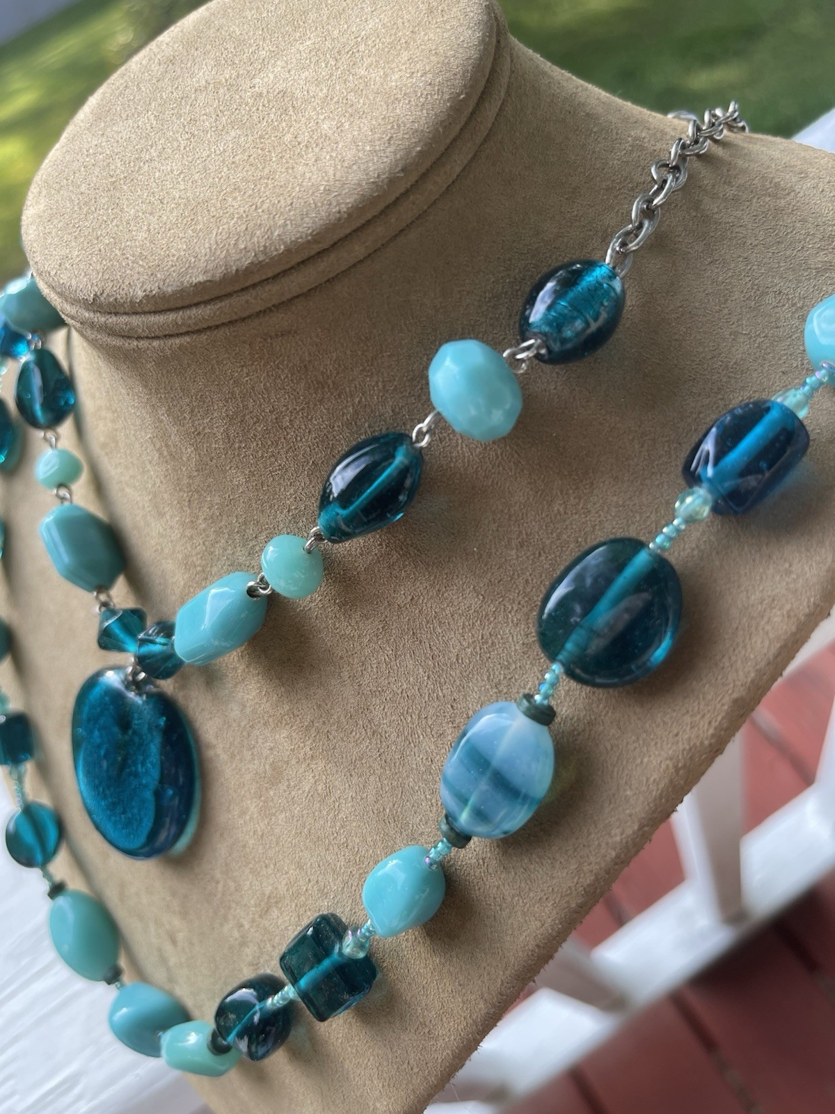 Two Art Glass Murano Style Beaded Necklaces Teal Tone