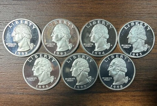 1992-S–1998-S Silver Proof Washington Quarter Lot, 7 Coins!