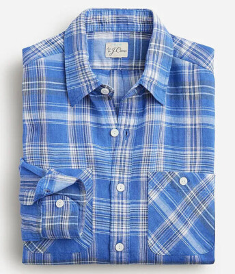 J Crew Baird McNutt Linen Shirt Blue Plaid Two-Pocket Irish Workshirt