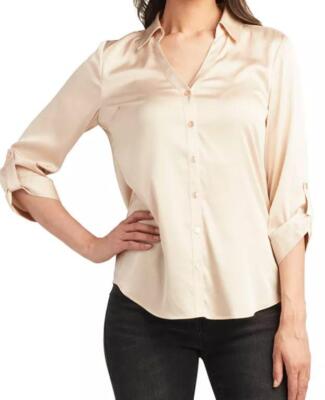 Bcx Juniors' Satin Roll-Tab-Sleeve Button-Down Blouse - Champagne, XL ESF18729