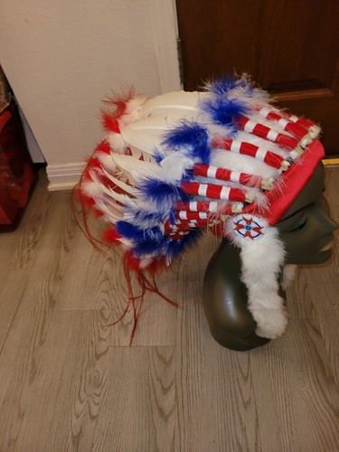 Vintage Native American Adult Red/Wht/Blue Beaded Feathered Headdress - Picture 2 of 11