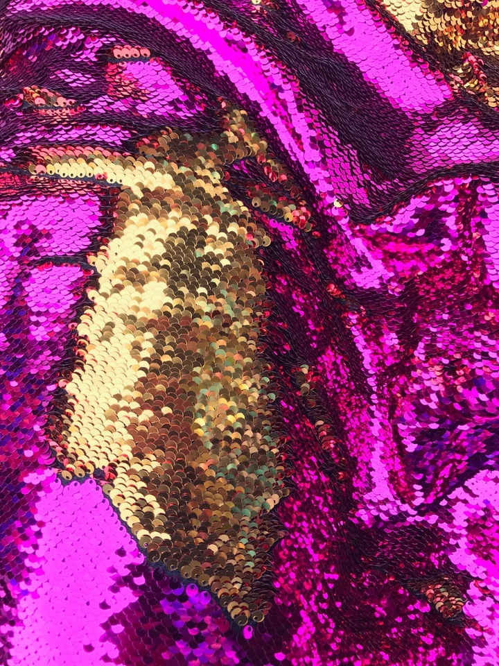 Tela reversible abatible rosa/dorado fucsia lentejuelas sirena de 5 mm se vende por yarda Foto 3 de 4