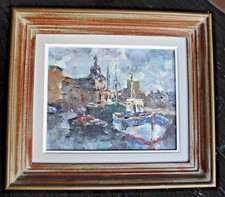 ANCIEN TABLEAU HST HUILE SUR TOILE LE TOULLEC CONCARNEAU PORT DE PECHE BRETAGNE