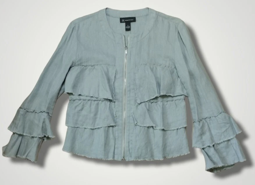 INC International Concepts Tiered Ruffle Full Zip Gray Linen Jacket Size Small - Image 2 of 4