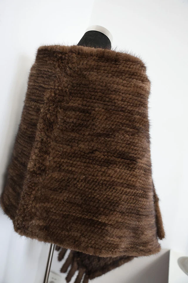 Knit 100% real mink fur cape / scarf 200*58 cm brown neck wrap / women shawl - Image 2 of 4