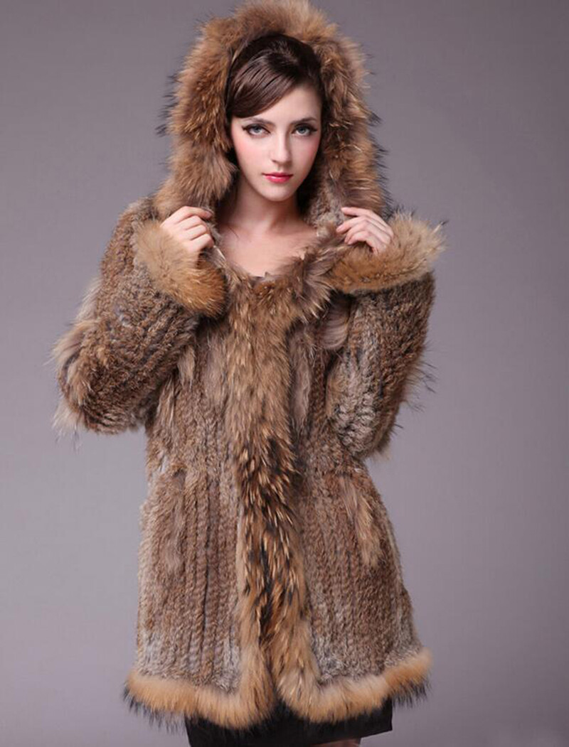 Vintage Women Rabbit Fur Coat Jacket Genuine Real Farm Hooded