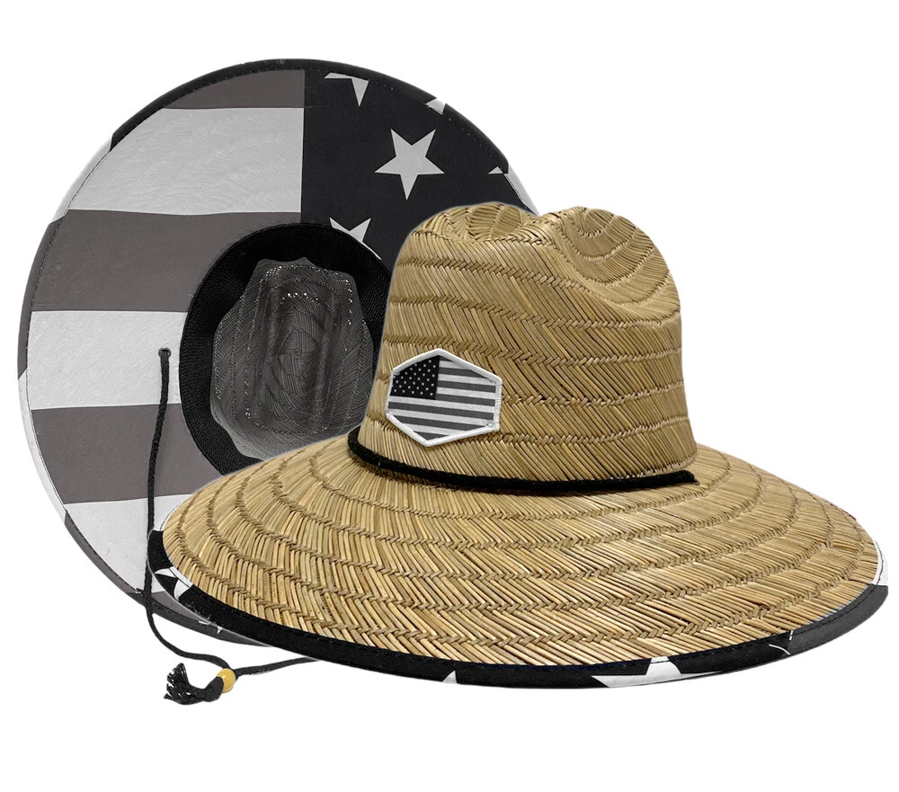 Men's Straw Sun Lifeguard Beach Hat Raffia Wide Brim One Size Usa flag Black Gra