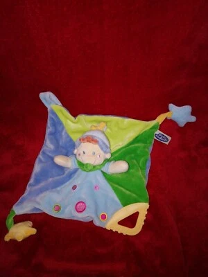 Doudou Plat Mots d'Enfants Clown Bleu Vert Jaune Etoile Dentition - Photo 1/2