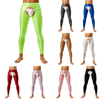 US Men's Oil High Elastic Pencil Pants Open Crotch Solid Color Long Pants Tights