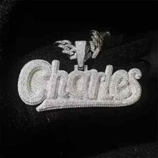 3.30 Ct Round Cut Real Moissanite Customize Name Pendant 14K White Gold Plated