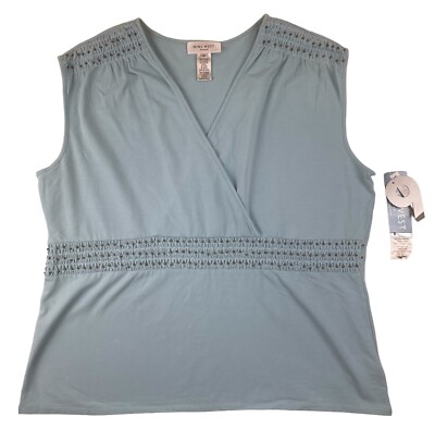 NWT Nine West Blouse Womens 3X Blue Sleeveless Beaded Smocked Crossover Top