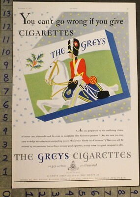 1937 GREYS CIGARETTE CHRISTMAS BRITISH MILITARY SOLDIER SMOKE TOBACCO AD  [[SKU]
