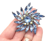 Vintage Light Blue Aurora Borealis Rhinestone Starburst Floral Brooch Pin