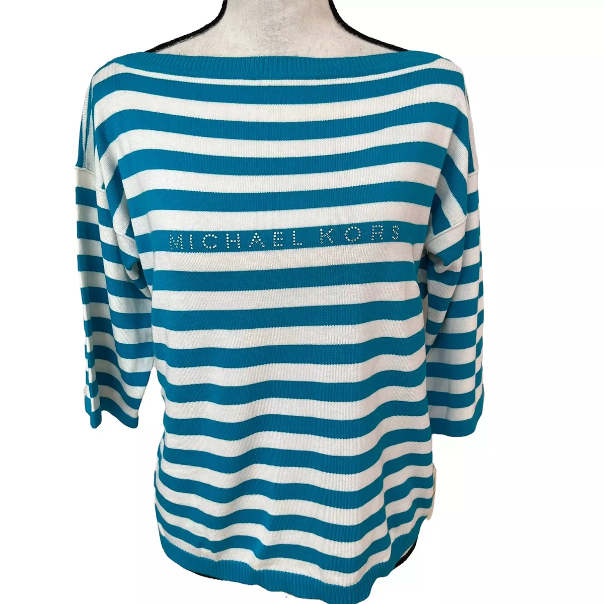 Michael Kors cotton blend blue white striped boat neck sweater size PM NWT