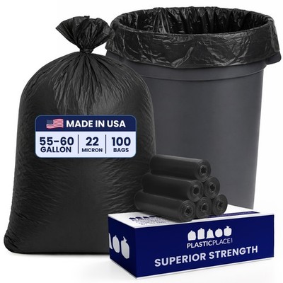 Plasticplace 55-60 Gallon High Density Trash Bags, Black, 22 Microns, 100 Count