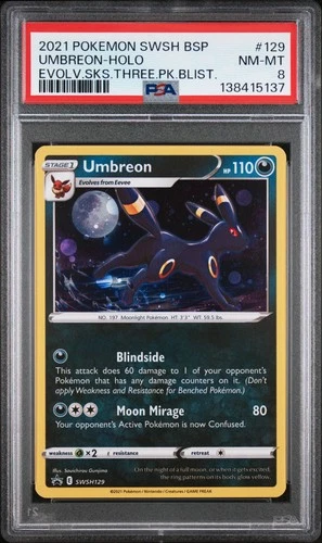 2021 POKEMON PROMO EVOLVING SKIES THREE PACK BLISTERS #129 UMBREON-HOLO PSA 8