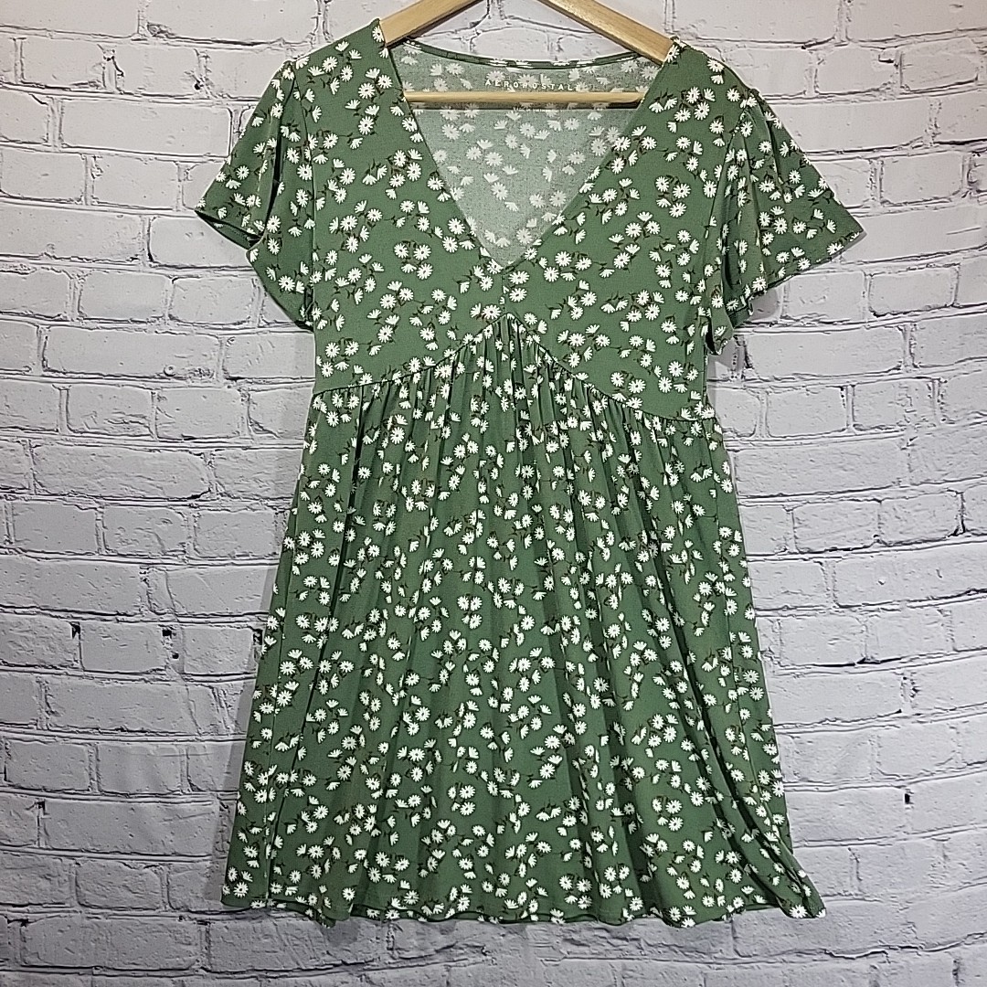 Aeropostale Babydoll Dress Green Floral Daisy V Neck Sz L Cottagecore  Whimsy | eBay